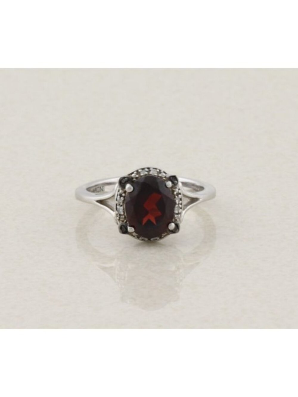 Sterling Silver Natural Garnet, Black Diamond, White Diamond Ring Size 7 1/4
